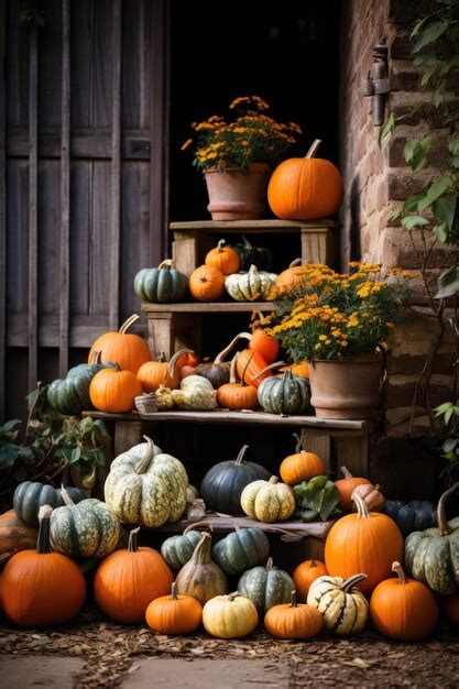 Premium AI Image | Fall pumpkins on the porch of farm house Autumn scenery