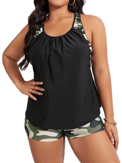 Camo Print Scoop Neck Multicolor Plus Size Tankinis 2 Piece Bathing Suit Womens Plus