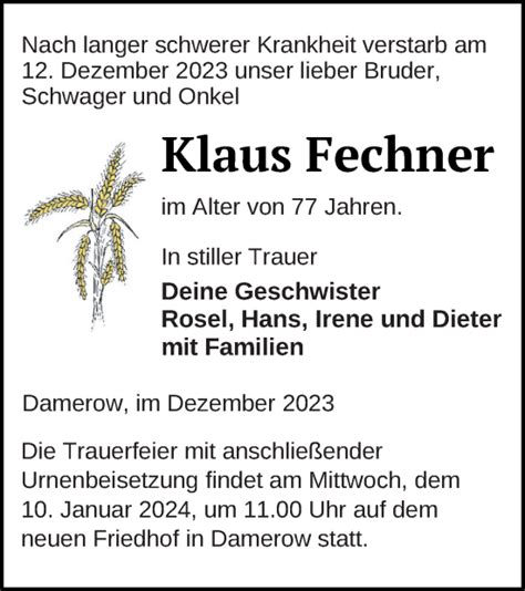 Traueranzeigen Von Klaus Fechner Trauer Nordkurier