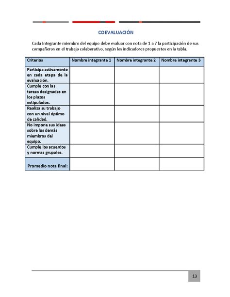 Coe y evaluacion 13 COEVALUACIÓN Cada Integrante miembro del equipo