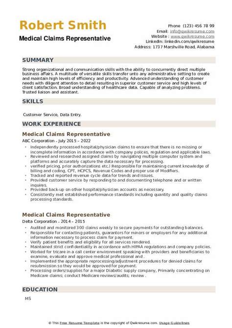 Medical Claims Representative Resume Samples Qwikresume