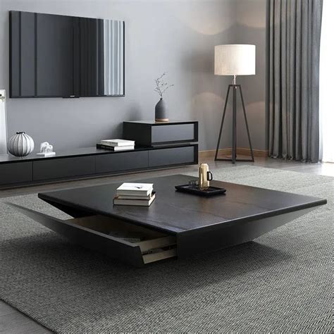 Modern Black Wood Coffee Table With Storage Square Drum With Drawer