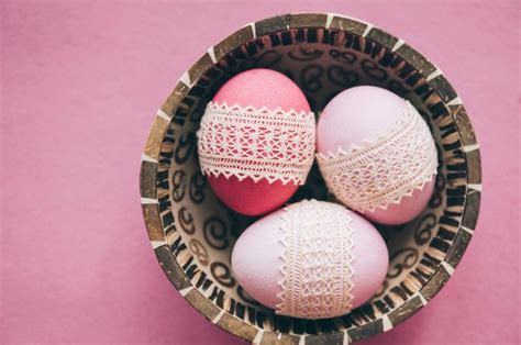 Adorable Pink Easter Eggs Covered In Lace On The Pink Background Pink