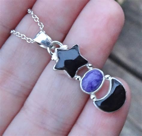 925 Star Moon Purple Charoite Black Onyx Halskette Sterling Silber