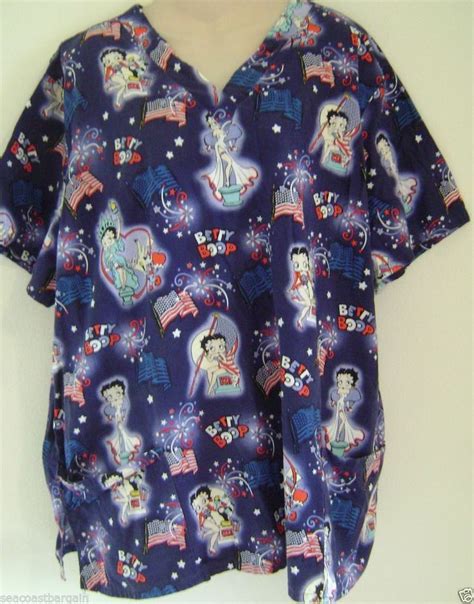 Betty Boop Patriotic Scrub Top 2xl Usa Flag Fireworks Nurse Uniform