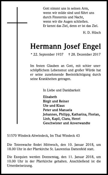 Traueranzeigen Von Hermann Josef Engel WirTrauern