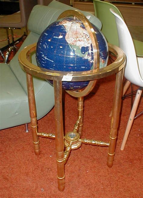 World Globe On Solid Brass Stand Inlaid With Stone And Moth