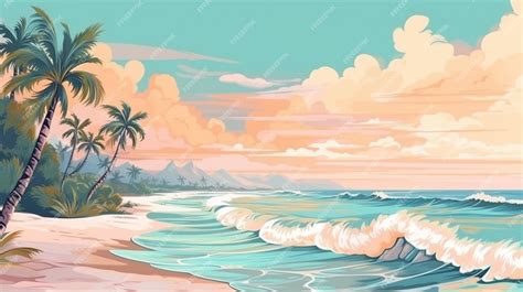 Premium AI Image | A beach scene with a tropical island and a wave.