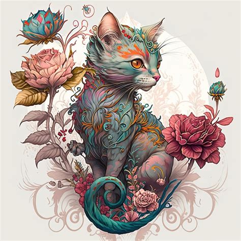 Un Dibujo De Un Gato Con Una Flor En El Medio Foto Premium