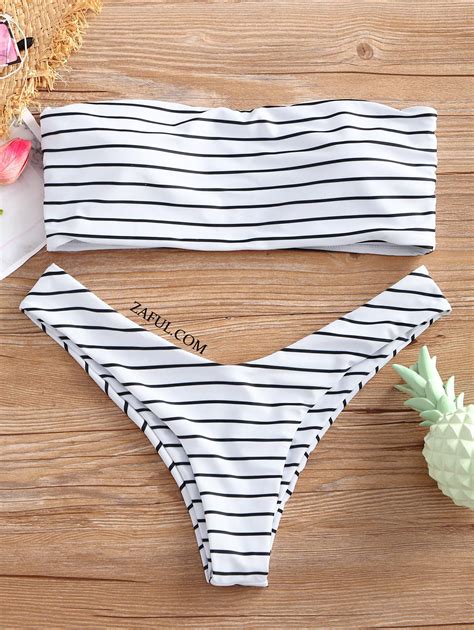 Strapless Striped High Cut Bikini Set White S On Sale Only Us