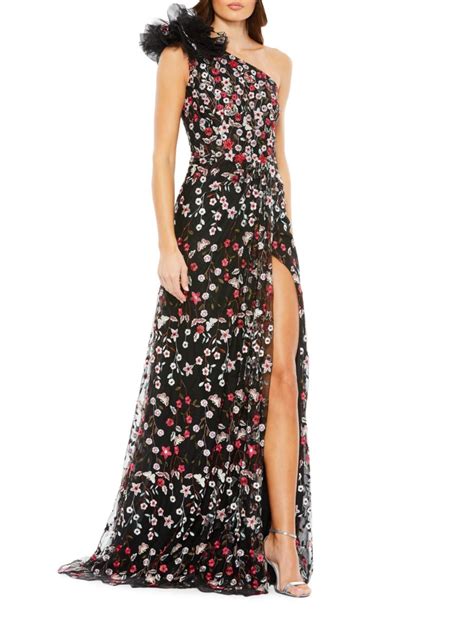 Mac Duggal Floral Embroidered One Shoulder Gown In Black Multi Modesens