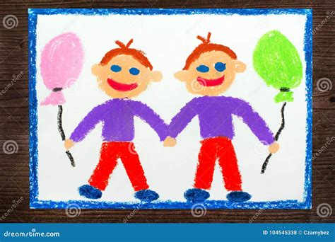 Colorful Drawing: Smiling Twin Brothers Stock Illustration ...