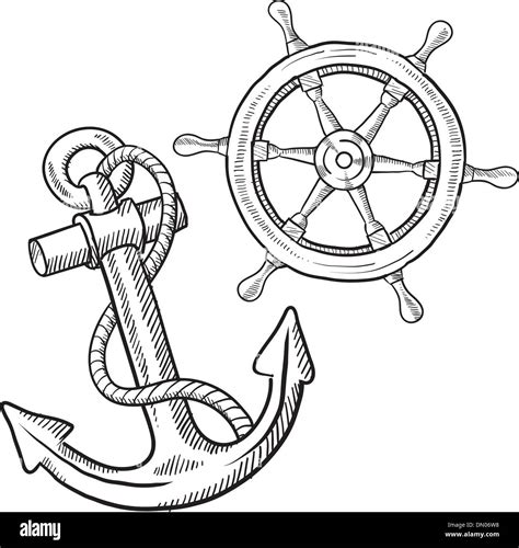 Ship S Wheel And Anchor Sketch Stock Vector Image Art Alamy