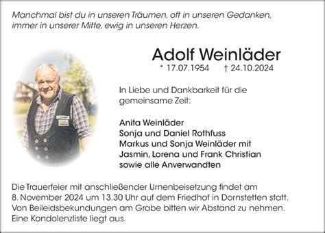 Traueranzeigen von Adolf Weinläder Schwarzwälder Bote Trauer