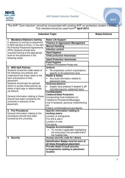 Induction Checklist NHS Ayrshire And Arran