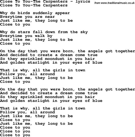 Love Song Lyrics For Close To You The Carpenters