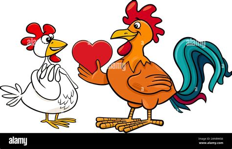 Valentines Day Greeting Card Cartoon Illustration With Hen And Rooster