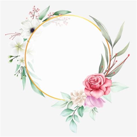 Beau Cadre Floral Avec Cercle D Or Et Fleurs L Aquarelle Png