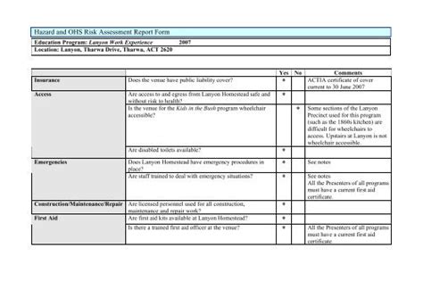 Page 1 Hazard And OHS Risk Assessment Report Form Education