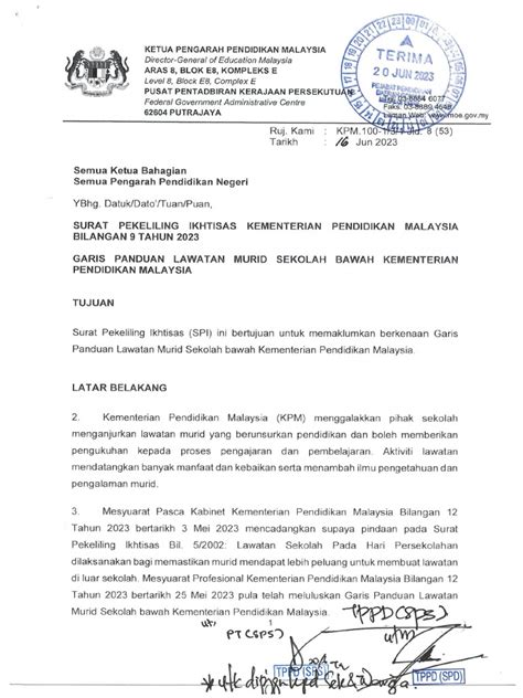 Surat Pekeliling Ikhtisas Kpm Bil 9 Tahun 2023 Garis Panduan Lawatan Murid Sekolah Bawah Kpm Pdf