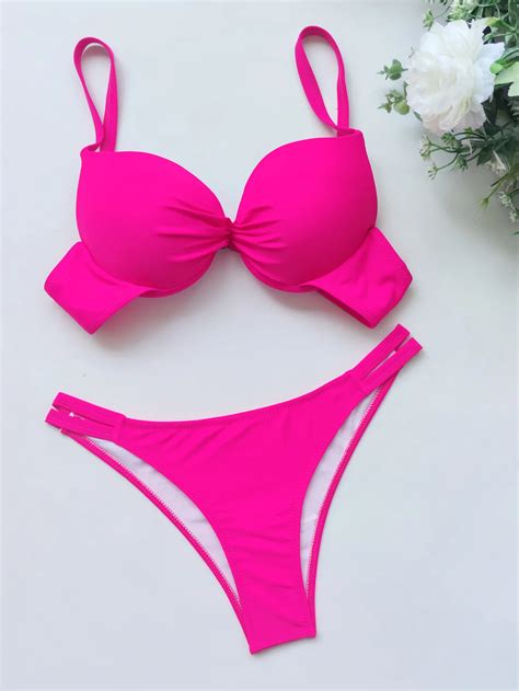 Sexy Push Up Bikinis Sets Two Pieces Solid Thong Swimsuit Bikini