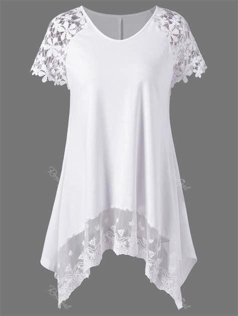 53 Off Plus Size Lace Trim Cutwork Asymmetrical Long T Shirt Rosegal