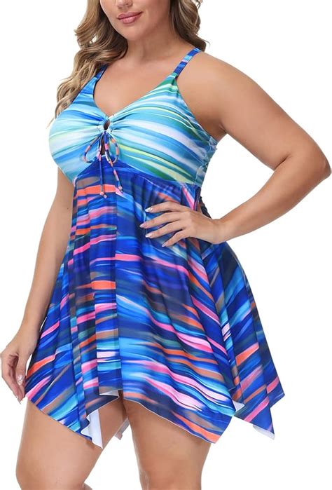 Hanna Nikole Womens Plus Size Flowy A Line Swimdress Handkerchief Hem