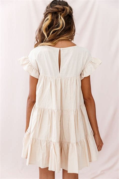 Hyacinth Ruffle Sleeve Smock Dress Beige Casual Dresses Outfits