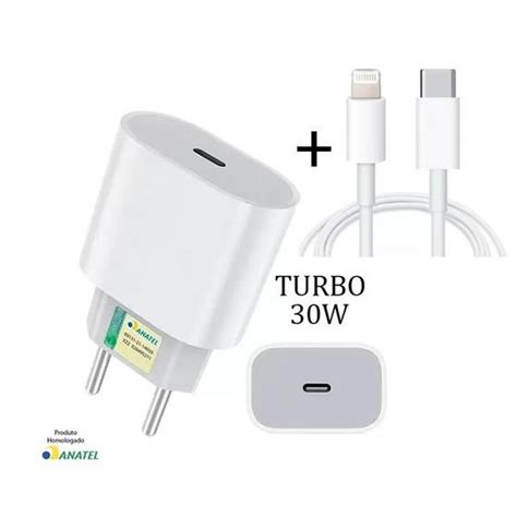 Carregador Turbo 30W Fonte USB C Cabo Tipo C P Lightning Compatível