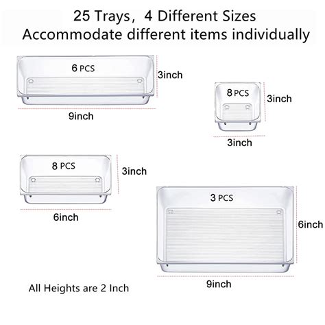 25 PCS Clear Plastic Drawer Organizers Set 4 Size Versatile Bathroom