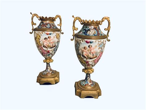 Gilt Bronze Champleve And Capodimonte Porcelain Pair Of Small Urns For