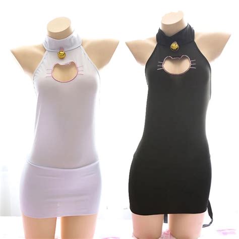 Kawaii Keyhole Cat Hollow Out Women Lingerie Set Skinny Dress Neko