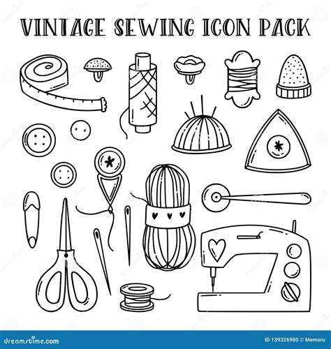 Freehand Sewing And Knitting Icons Hand Drawn Illustration Of Flat