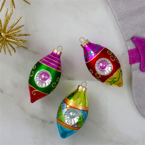 3ct Multi Color With Retro Reflectors Glass Finial Christmas Ornament Set 425 100mm