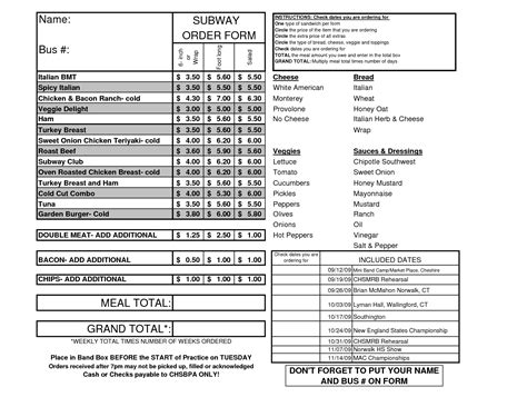 Printable Template Printable Subway Order Form Printable Templates