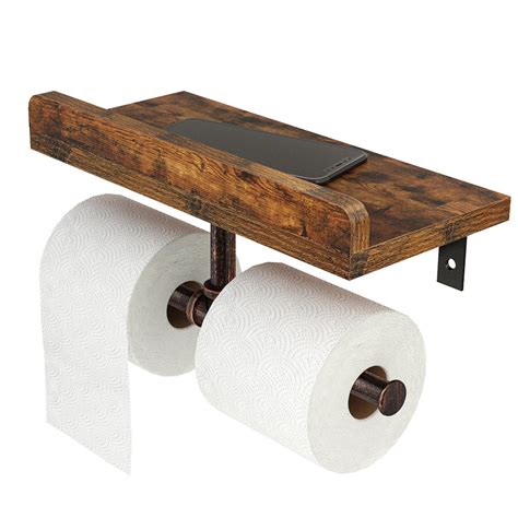 Rolanstar Wall Mounted Double Roll Toilet Paper Holder with Wood Shelf