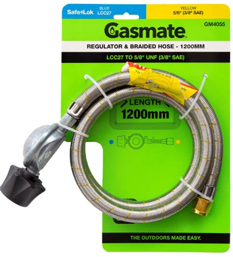 Gasmate Regulator And Braided Hose 1200mm Lcc27 To 58 Unf 38 Sae