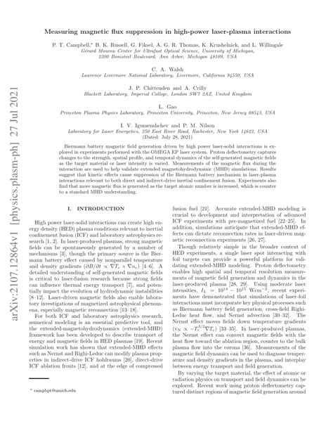 Pdf Measuring Magnetic Flux Suppression In High Power Laser Plasma