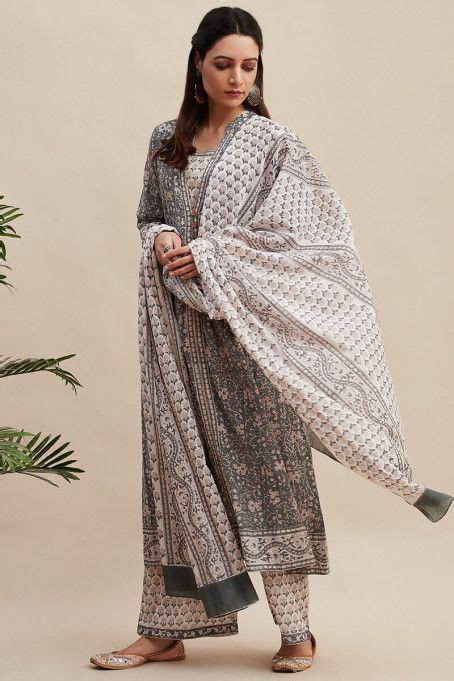 Buy Grey Block Printed A Line Cotton Kurta Green Kurta For Women