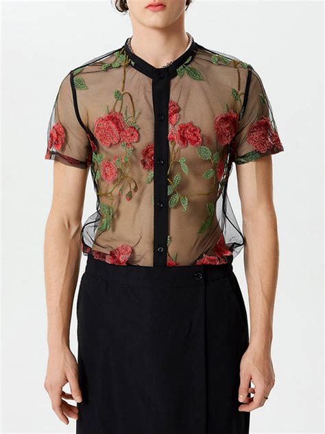 Mens Floral Embroidered See Through Shirt Skuk50868 Incerunmen