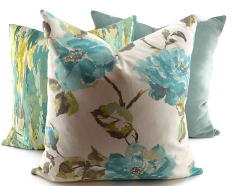 Turquoise Brown Apple Green Aqua And Off White Magnolia Etsy Floral Pillows Floral Throw