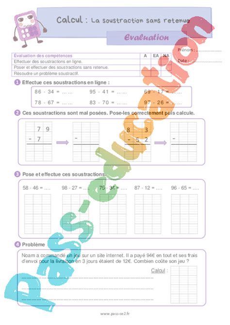 La Soustraction Sans Retenue Valuation De Num Ration Pour Le Ce