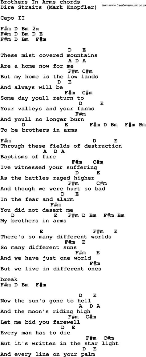 Song lyrics with guitar chords for Brothers In Arms