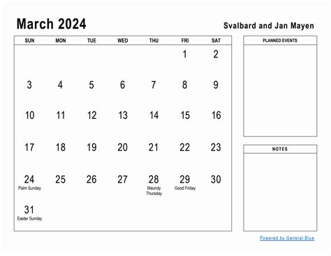 March Planner With Svalbard And Jan Mayen Holidays