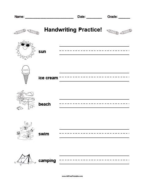 Summer Handwriting Practice Free Printable