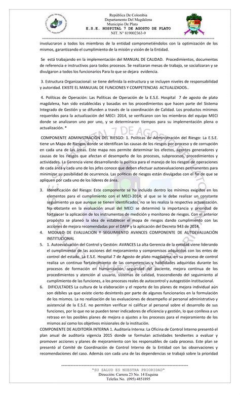 Informe Pormenorizado Del Estado Del Control Interno Ley 1474 De 2011 Pdf