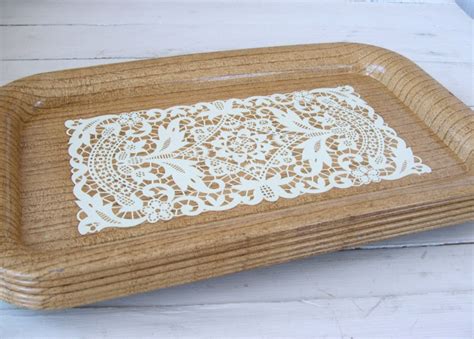 Set of 6 Metal TV Lap Trays Lace on Wood Design