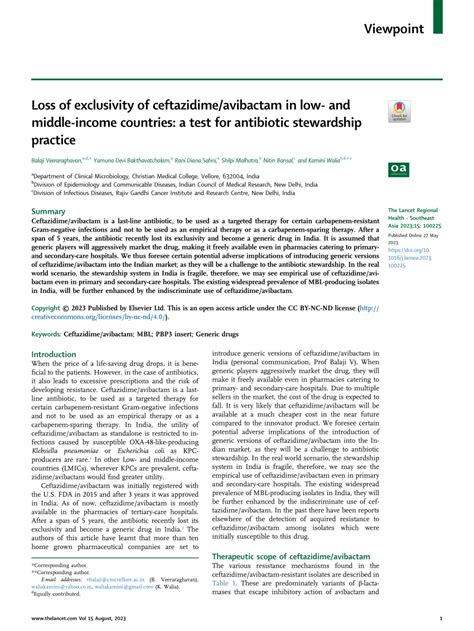 Pdf Loss Of Exclusivity Of Ceftazidime Avibactam In Low And Middle