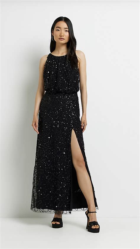 River Island Black Sequin Halter Neck Maxi Dress