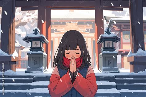 cute anime girl praying in a buddhist temple in winter Stock ...